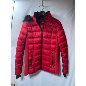 Nautica Womens Red Water Resistant Puffer Jacket Faux Fur Detachable Hood Small